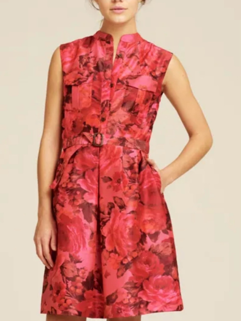 J. Crew Bonnie Taffeta Red Floral Rose Sleeveless Belted Midi Dress